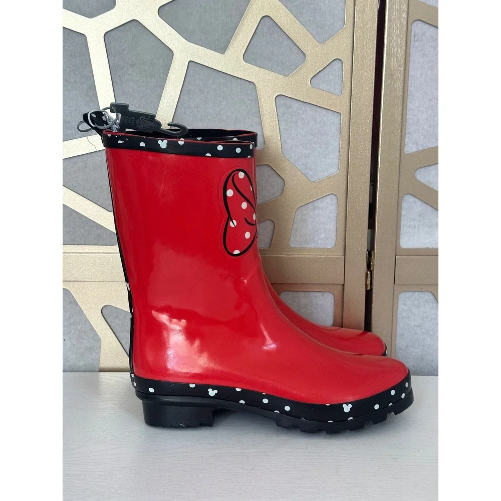 NWT Disney Minnie Mouse Red Polka Dot Rain Boots Womens SZ 10 Waterproof Rubber